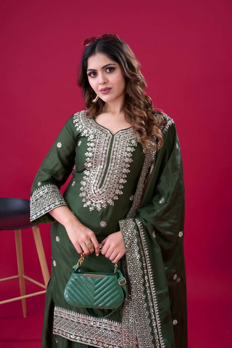 Teeya Creation Green Colour Chinnon Silk Heavy Embroidery Work Fully Stitched Salwar Suit | Grocsy