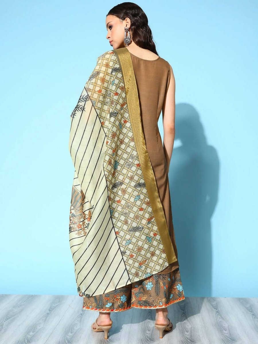 Ahalyaa Women's Brown Colour Cotton Blend Digital Printed Kurta Palazzo Set With Dupatta | Grocsy