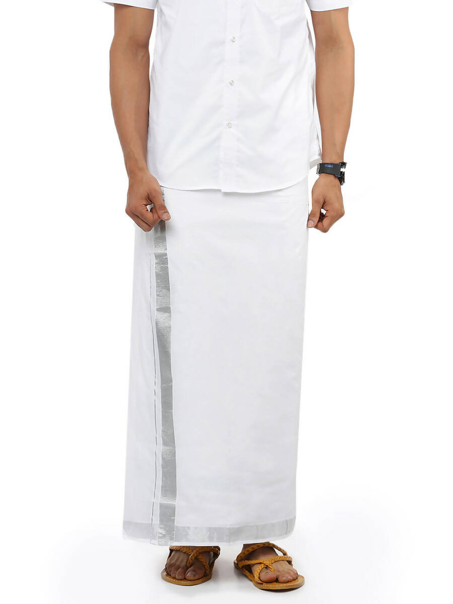 Ramraj Cotton Mens Pure Cotton 1 1 / 2 " Silver Jari Dhoti - White | Grocsy