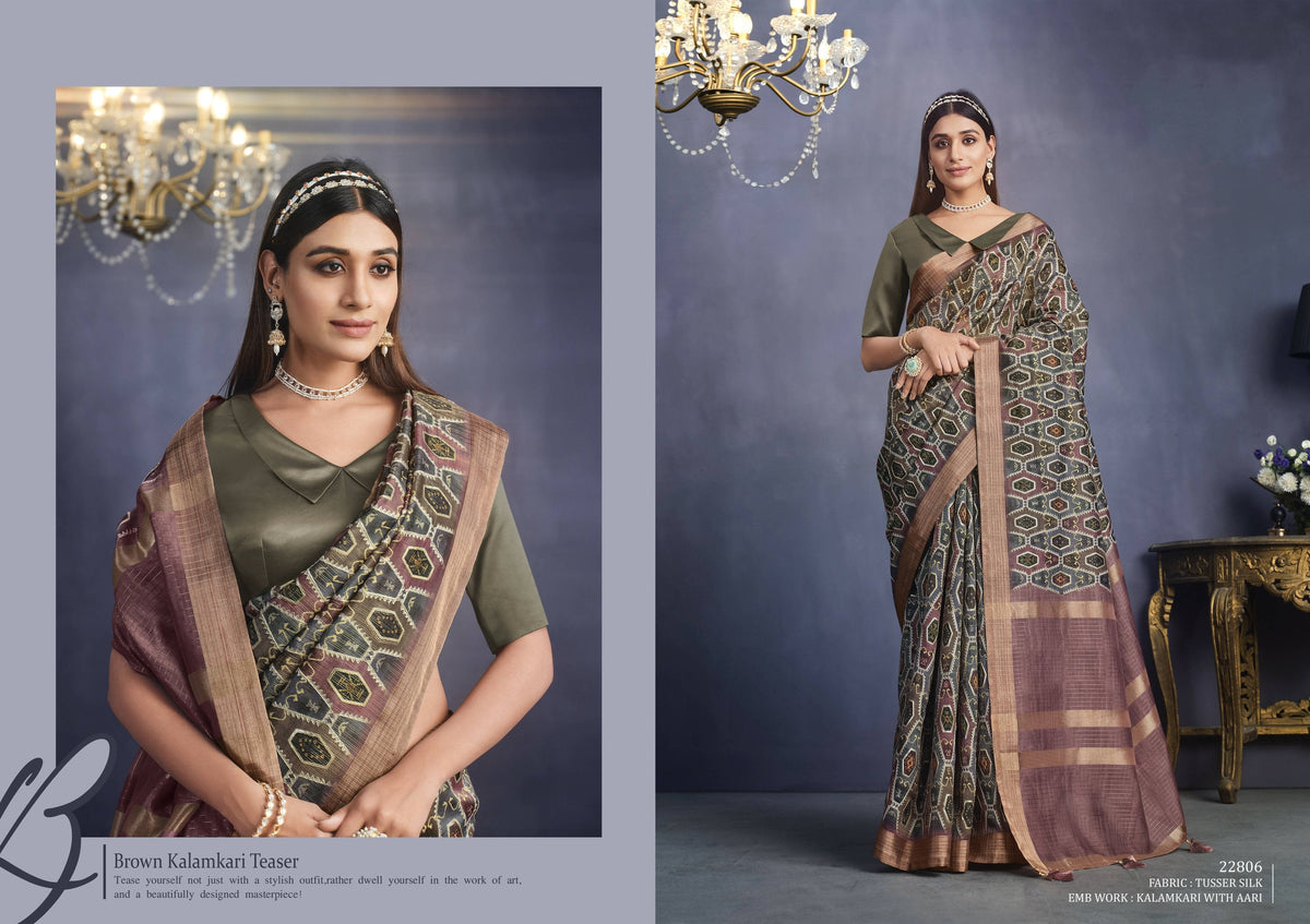 Brown Tusser Silk Geometric Printed Saree With Unstitched Blouse - Mohmanthan Aahana | Grocsy