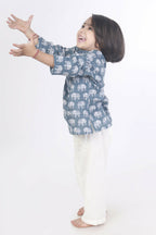 Breathables Kids Boys & Girls Cotton Night Suit – Grey Elephant Print Kurta & Pyjama Co-Ord Set | Grocsy