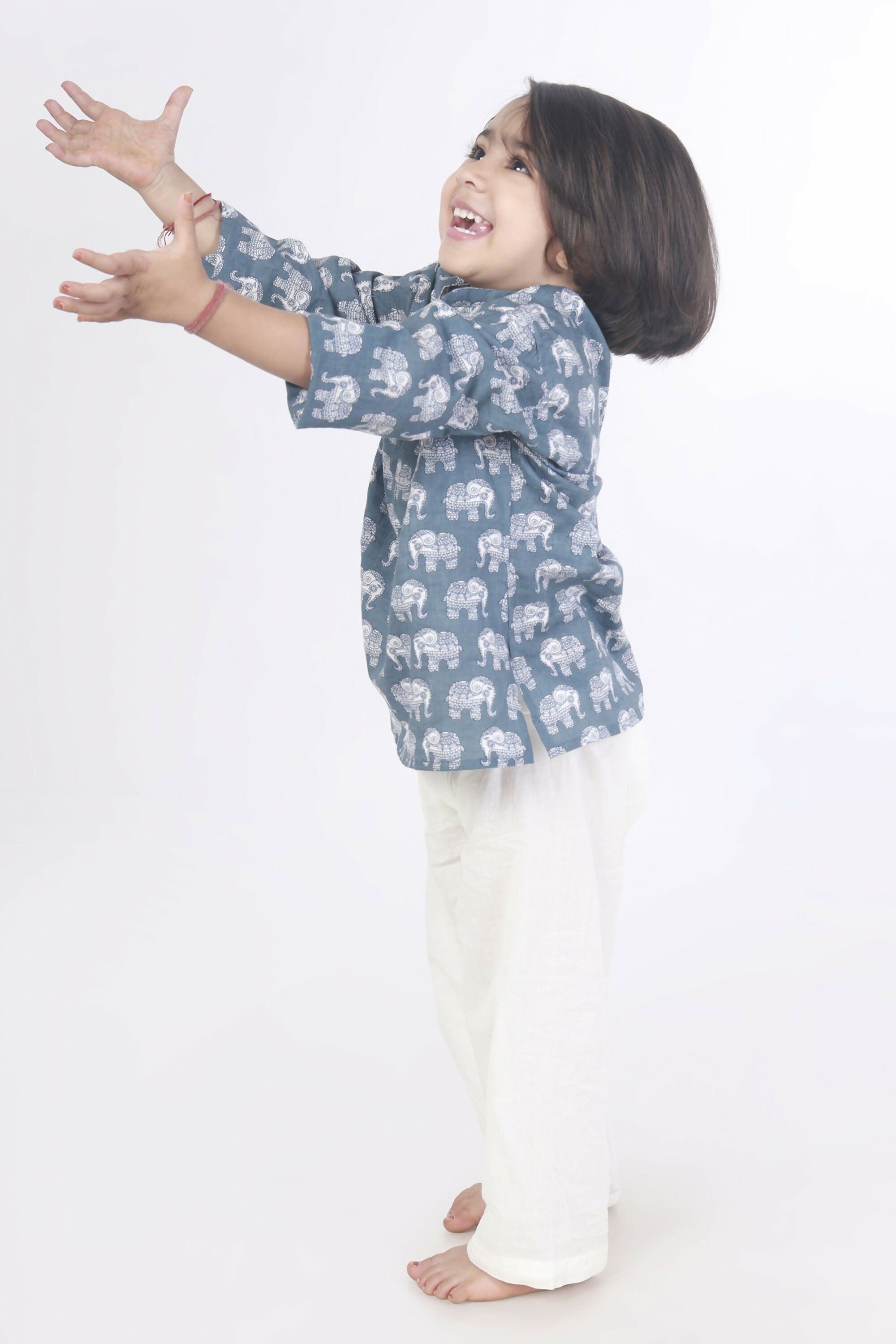 Breathables Kids Boys & Girls Cotton Night Suit – Grey Elephant Print Kurta & Pyjama Co-Ord Set | Grocsy