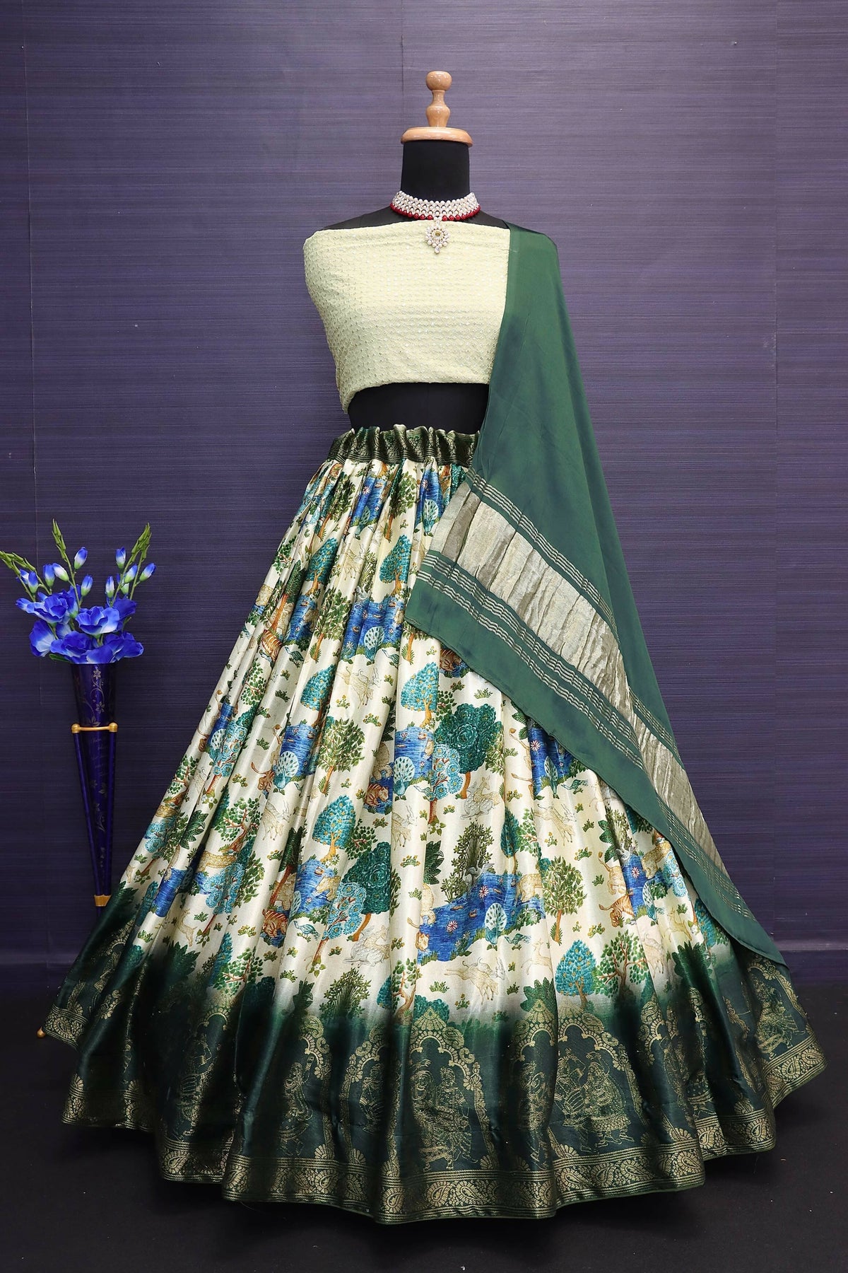 DEIANA'S Beautiful Gaji Silk Printed With Heavy Zari Lehengha Choli - Cream | Grocsy