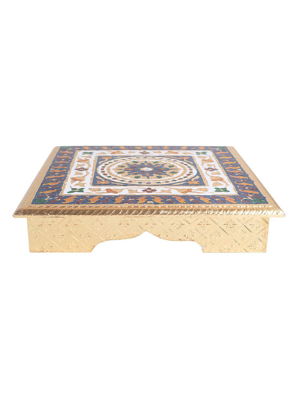 Golden Peacock Gold-Toned & Red Handcrafted Meenakari Wooden Chowki | Grocsy