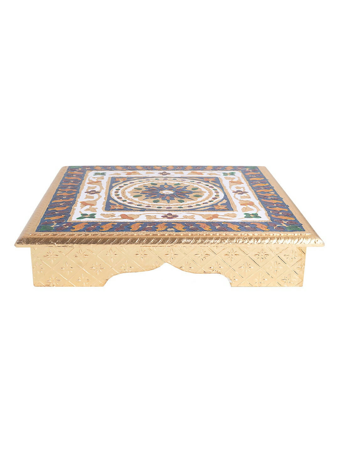 Golden Peacock Gold-Toned & Red Handcrafted Meenakari Wooden Chowki | Grocsy