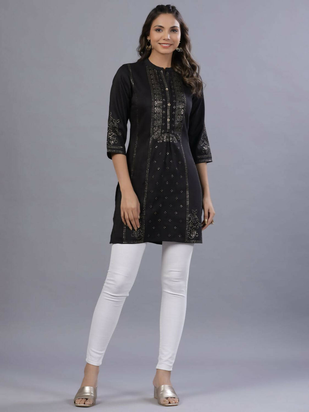 Juniper Women Black Chinon Silk Mukesh Work Straight Tunic | Grocsy