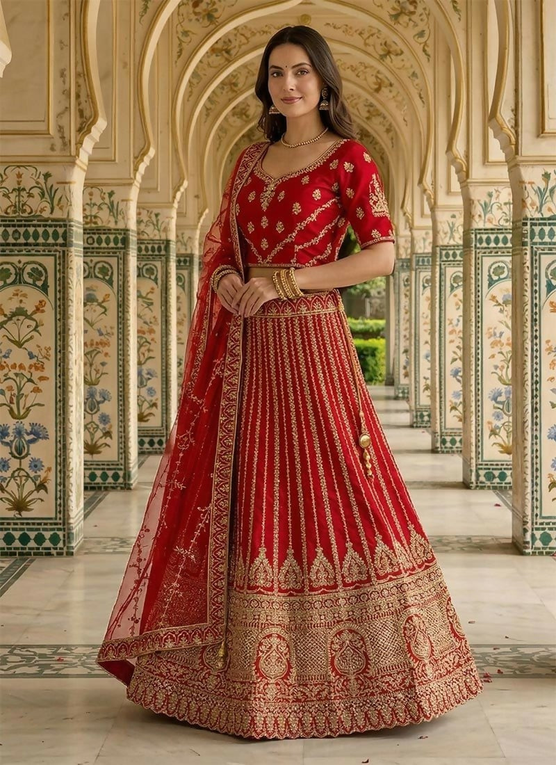 Lehenga Mart Red Heavy Silk With Fusing Designer Bollywood Style Wedding Wear Lehenga Choli | Grocsy