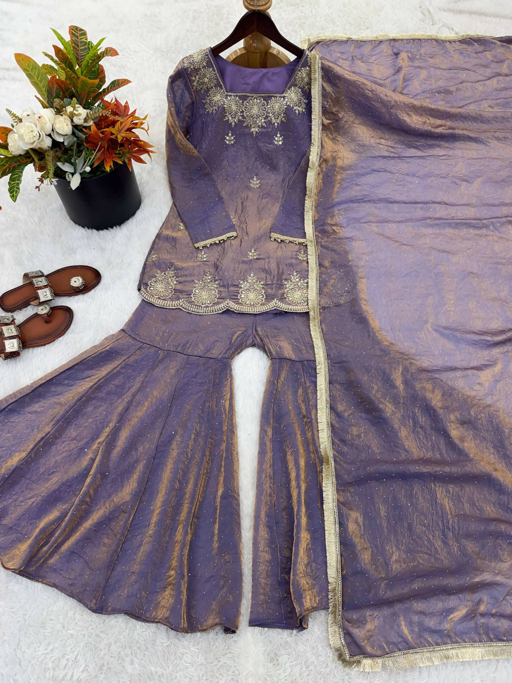 Teeya Creation Womens New Fancy Embroidery Sequence Work With Zarkan Diamond Work Lavender Kurta Set | Grocsy