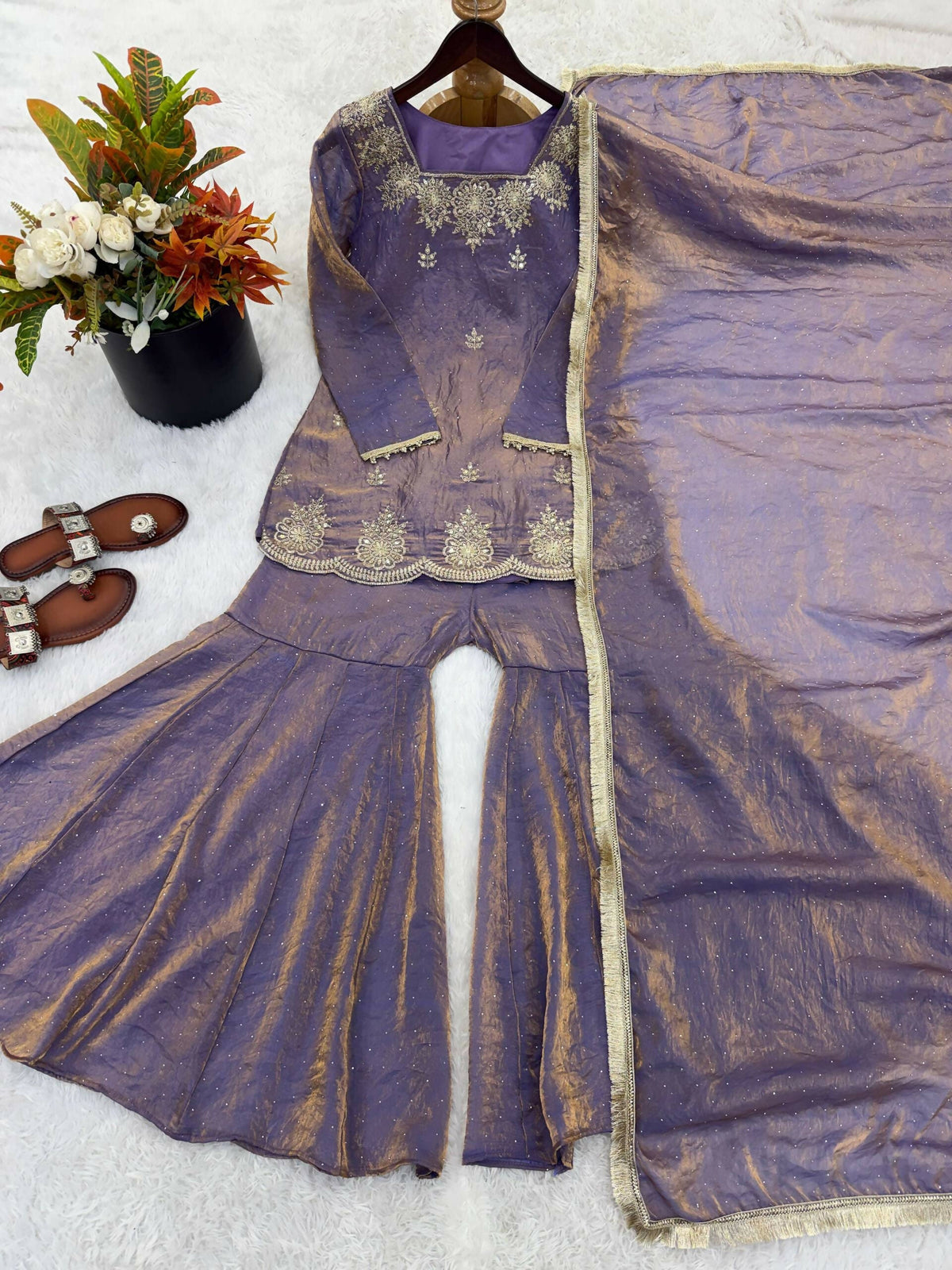 Teeya Creation Womens New Fancy Embroidery Sequence Work With Zarkan Diamond Work Lavender Kurta Set | Grocsy