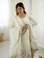 The52 Women's Gorgeous Chinon Silk Fabric Embroidery Work Flared Anarkali Pant and Dupatta Set | Grocsy