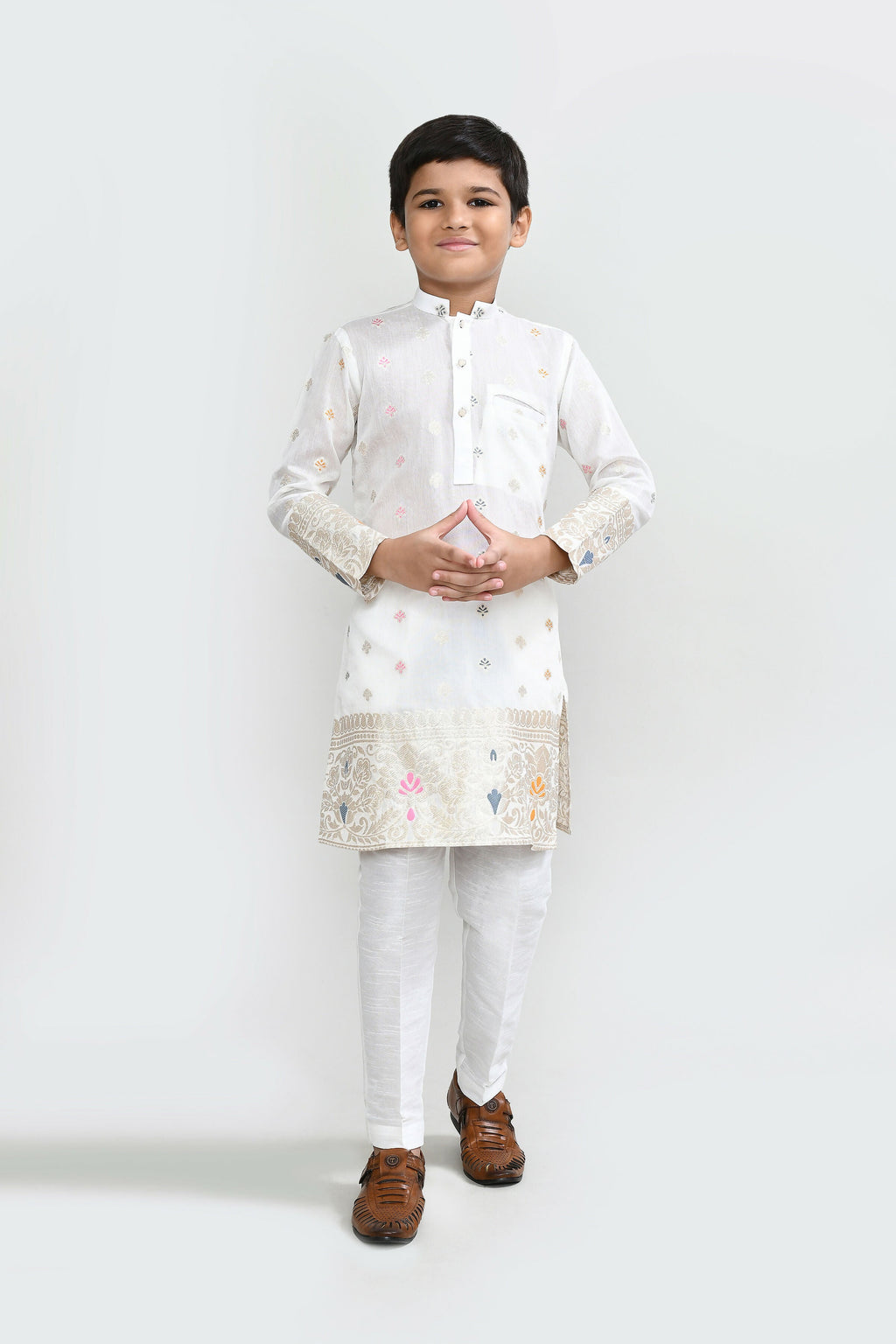 Joban Fashion Jacquard Silk White Kurta With Straight Fit Pant | Grocsy