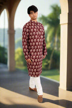 Souchii Men Burgundy Pure Cotton Ethnic Motif Printed Straight Kurta | Grocsy