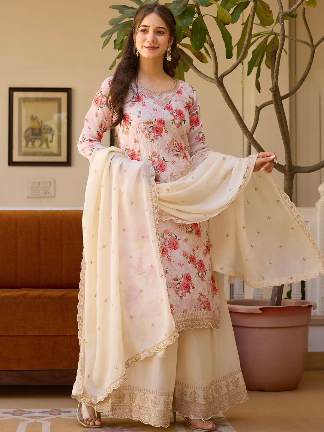 The52 White Women's Gorgeous Embroidered Chinon Fabric Straight Kurta Palazzo and Dupatta Set | Grocsy