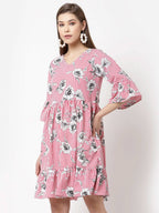 Myshka Women's Pink Poly Crepe Printed Bell Sleeve Round Neck Dress | Grocsy