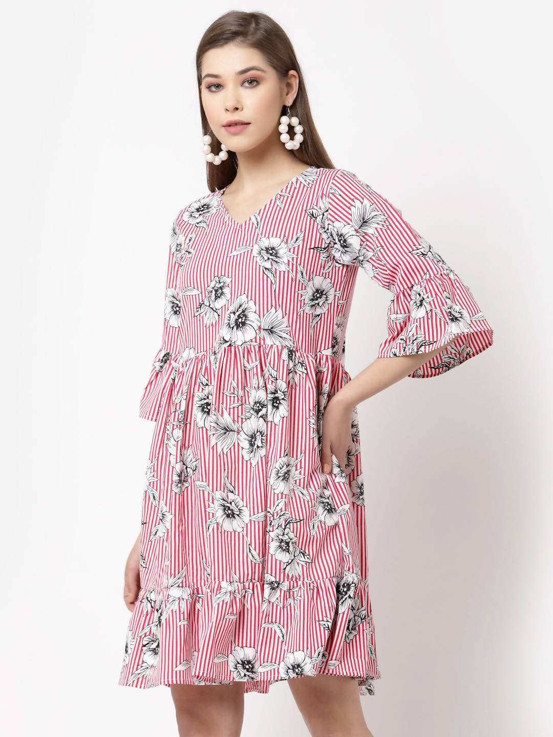Myshka Women's Pink Poly Crepe Printed Bell Sleeve Round Neck Dress | Grocsy