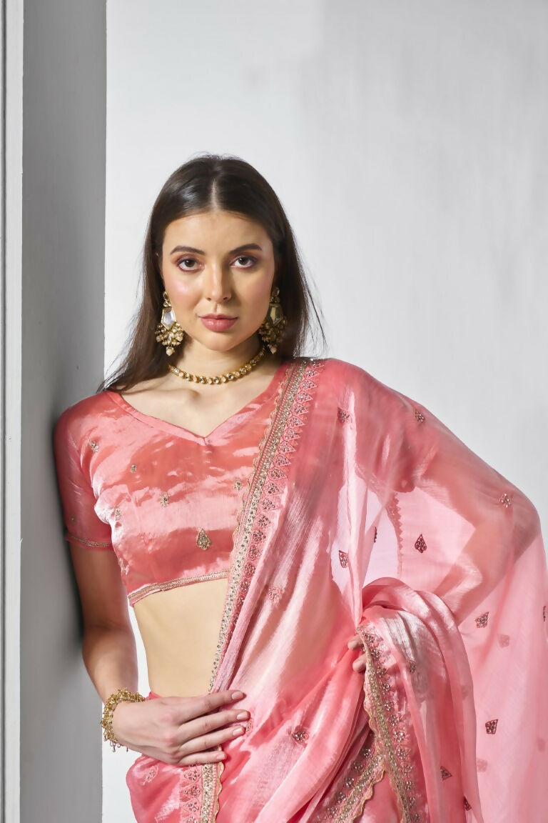 Coral Burburry silk Designer Embroidery Work Saree - Shezlin | Grocsy