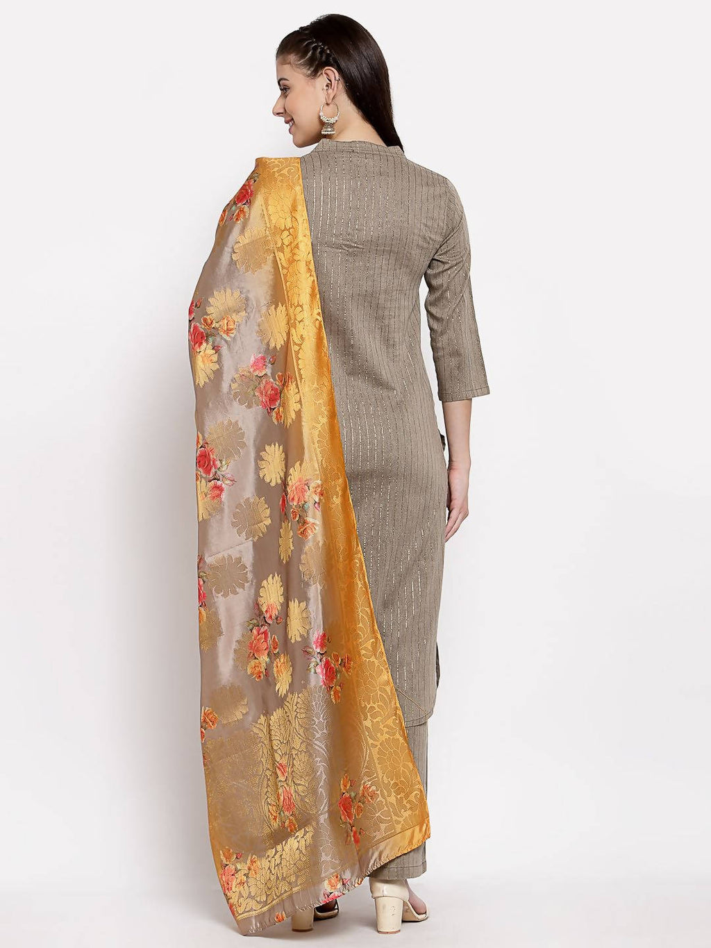 Myshka Women's Grey Cotton Solid 3/4 Sleeve Round Neck Casual Kurta Pant Dupatta Set | Grocsy