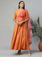 Ahalyaa Women's Orange Crepe Gold Print Dress | Grocsy