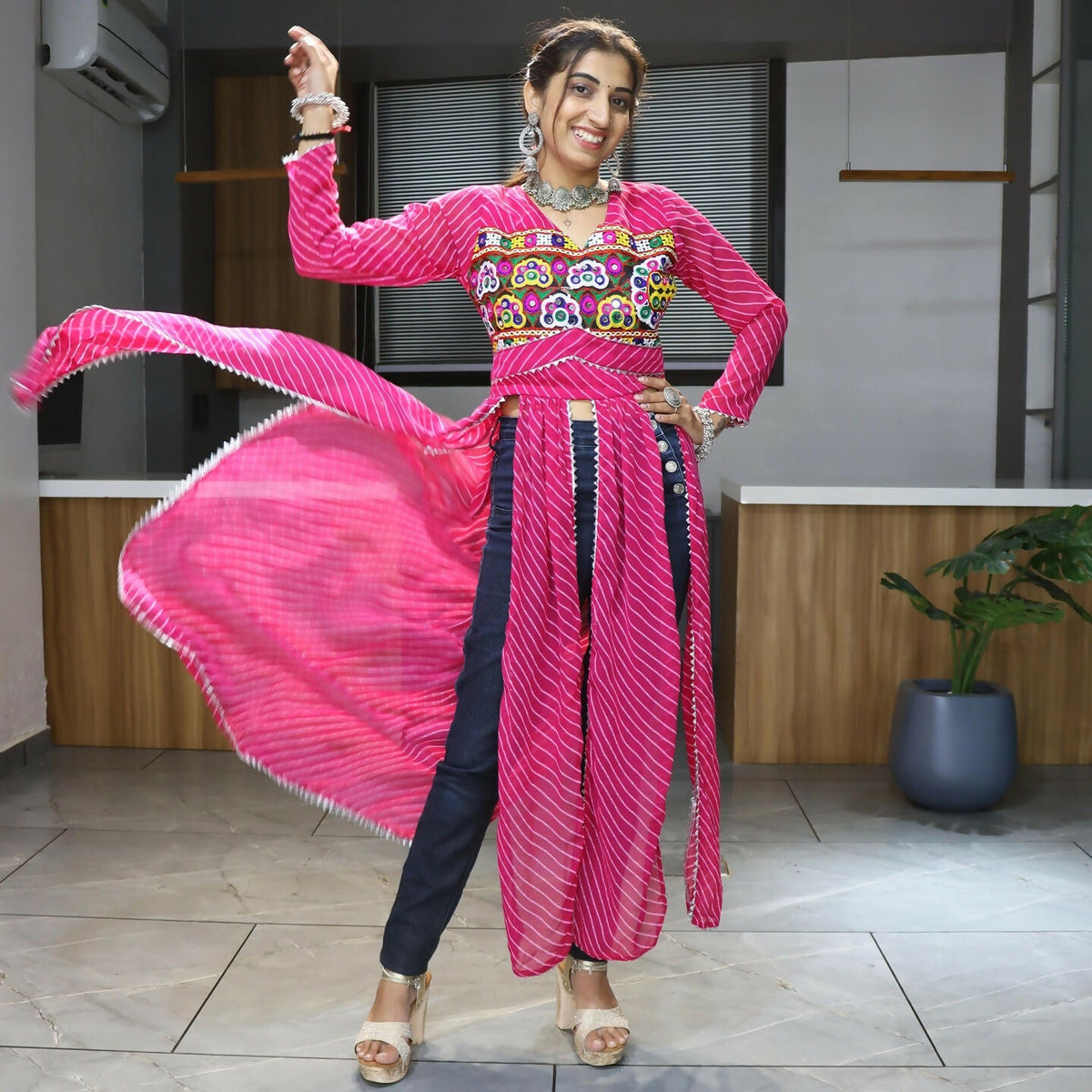 Vastranavya Pink Navratri Special Kutchi Work with Gota Patti & Mirror Work Kurti | Grocsy