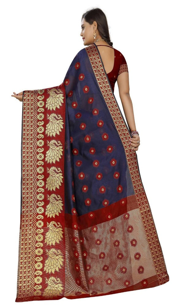 Vamika Banarasi Cotton Silk Navy Blue & Red Weaving Saree | Grocsy