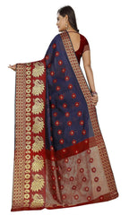 Vamika Banarasi Cotton Silk Navy Blue & Red Weaving Saree | Grocsy