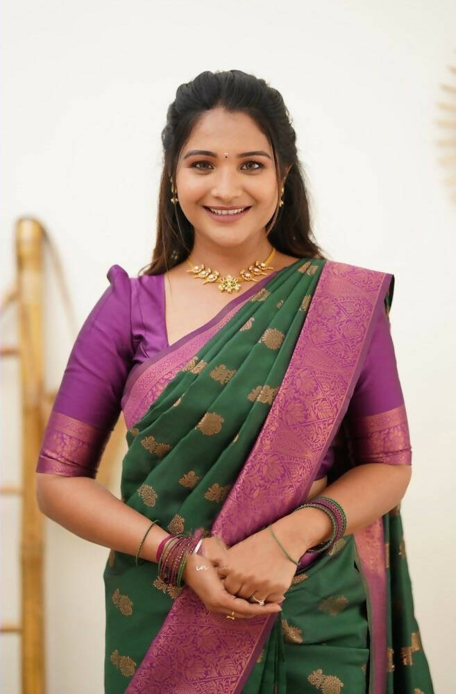 DEIANA'S Beautiful Designer Golden zari Soft Lichi Silk Saree - Green | Grocsy