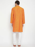 Even Apparels Orange Pure Cotton Long Men's Kurta With Band Collar | Grocsy