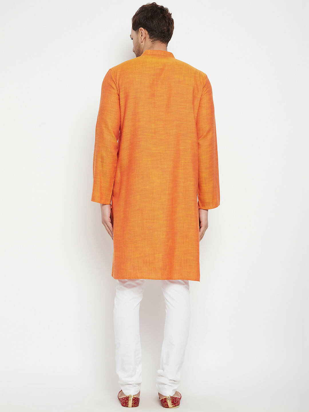 Even Apparels Orange Pure Cotton Long Men's Kurta With Band Collar | Grocsy