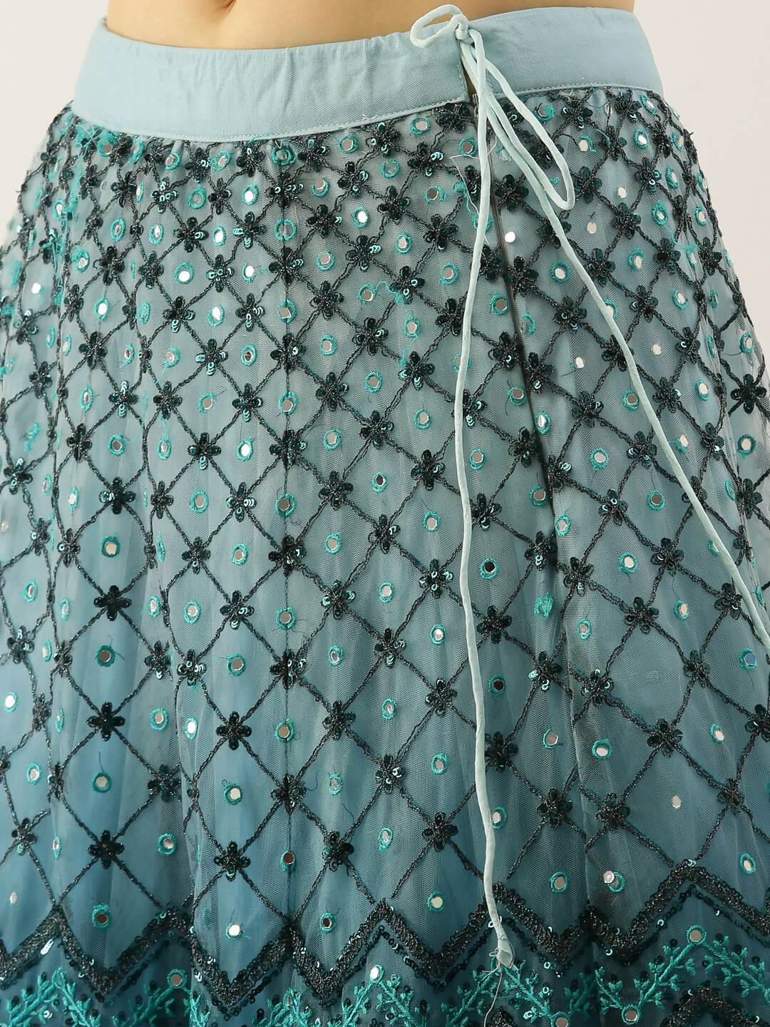 House of Panchhi Women Teal Net Embroidered Sequins Lehenga & Blouse with Dupatta | Grocsy