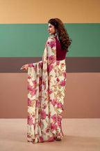 Vastranavya Pink Satin Silk Floral Printed Saree with Stitched Blouse | Grocsy