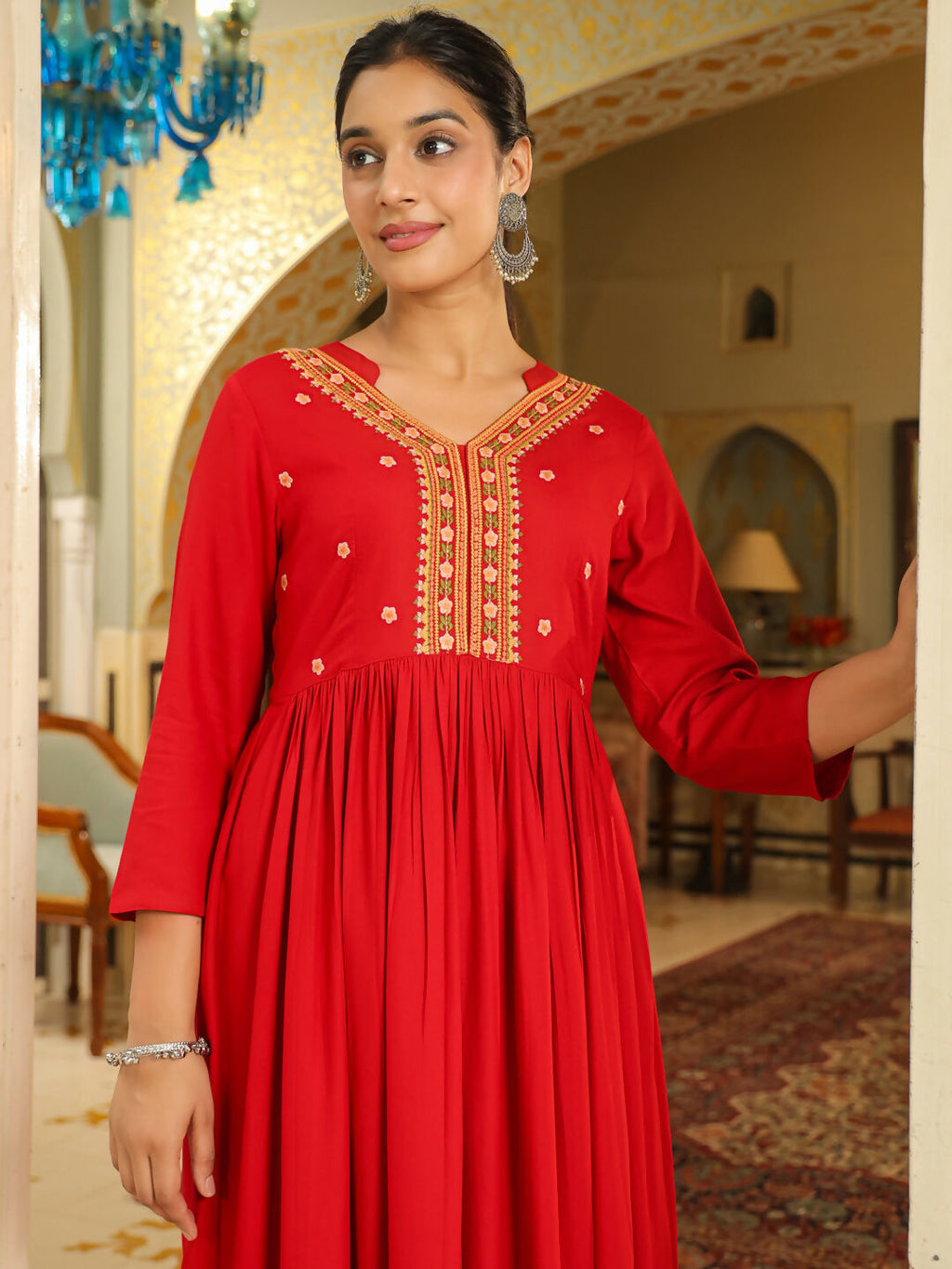 Janasya Maroon Rayon Yoke Embroidery Kurta & Bottom | Grocsy