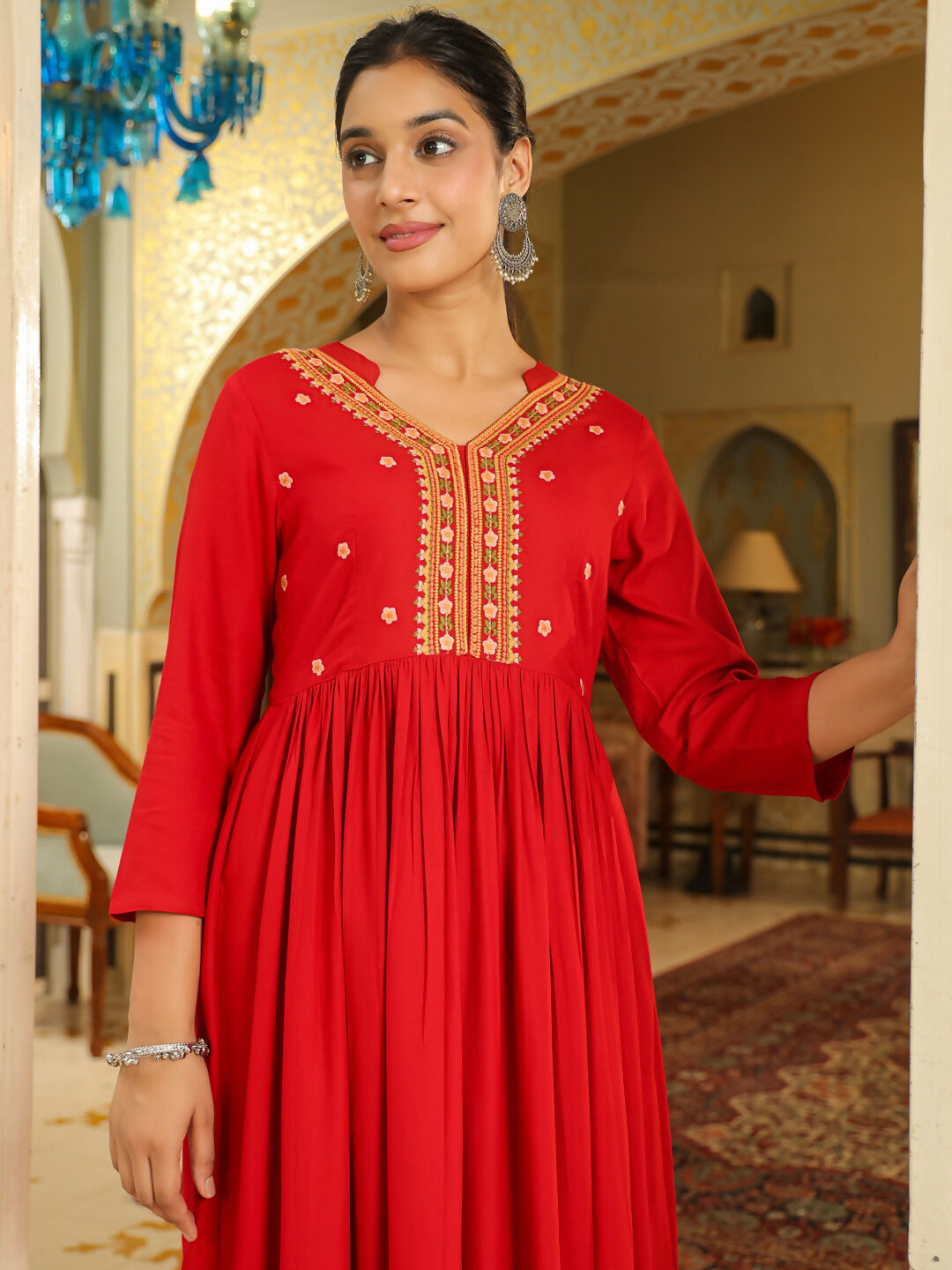 Janasya Maroon Rayon Yoke Embroidery Kurta & Bottom | Grocsy