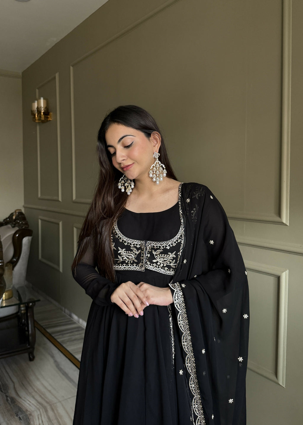 Teeya Creation Black Color Faux Georgette Heavy Embroidery Work Functional Wear Long Gown | Grocsy