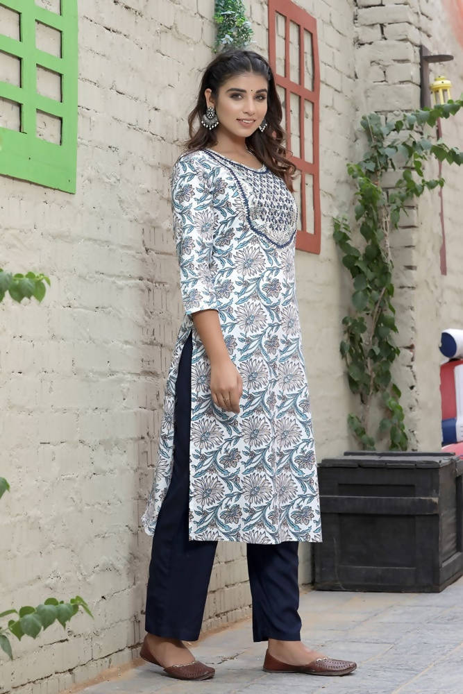Yufta Women's White Printed Kurta Set | Grocsy