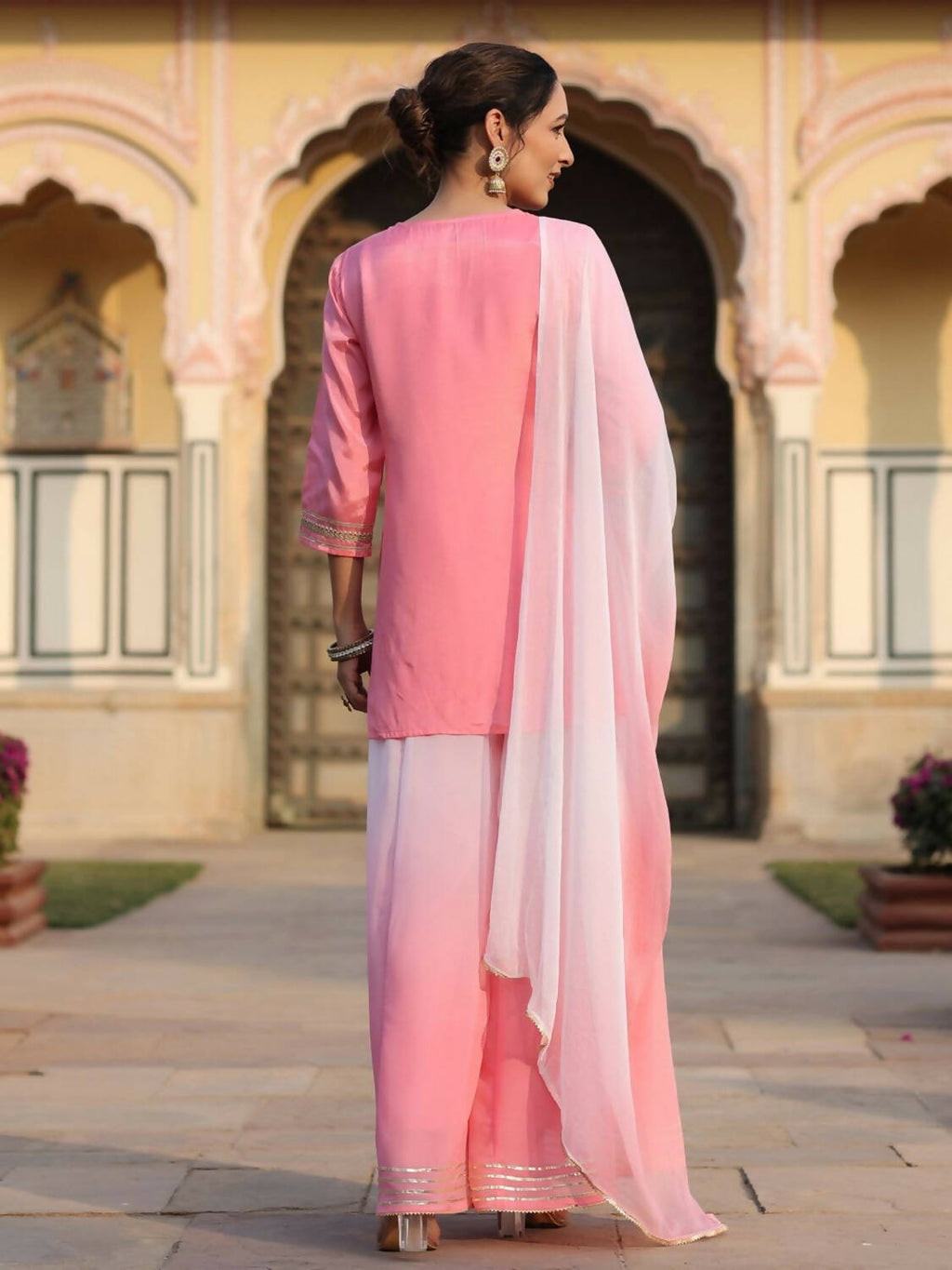 Juniper Women Pink Shantoon Embroidered Kurta, Palazzo and Dupatta Set | Grocsy