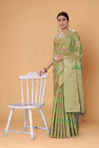 Green Soft Organza Woven Design Saree With Unstitched Blouse Piece - Zaara | Grocsy