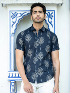 Miravan Men's Pure Cotton Blue Floral Printed Half Sleeve Slim Fit Shirt | Grocsy