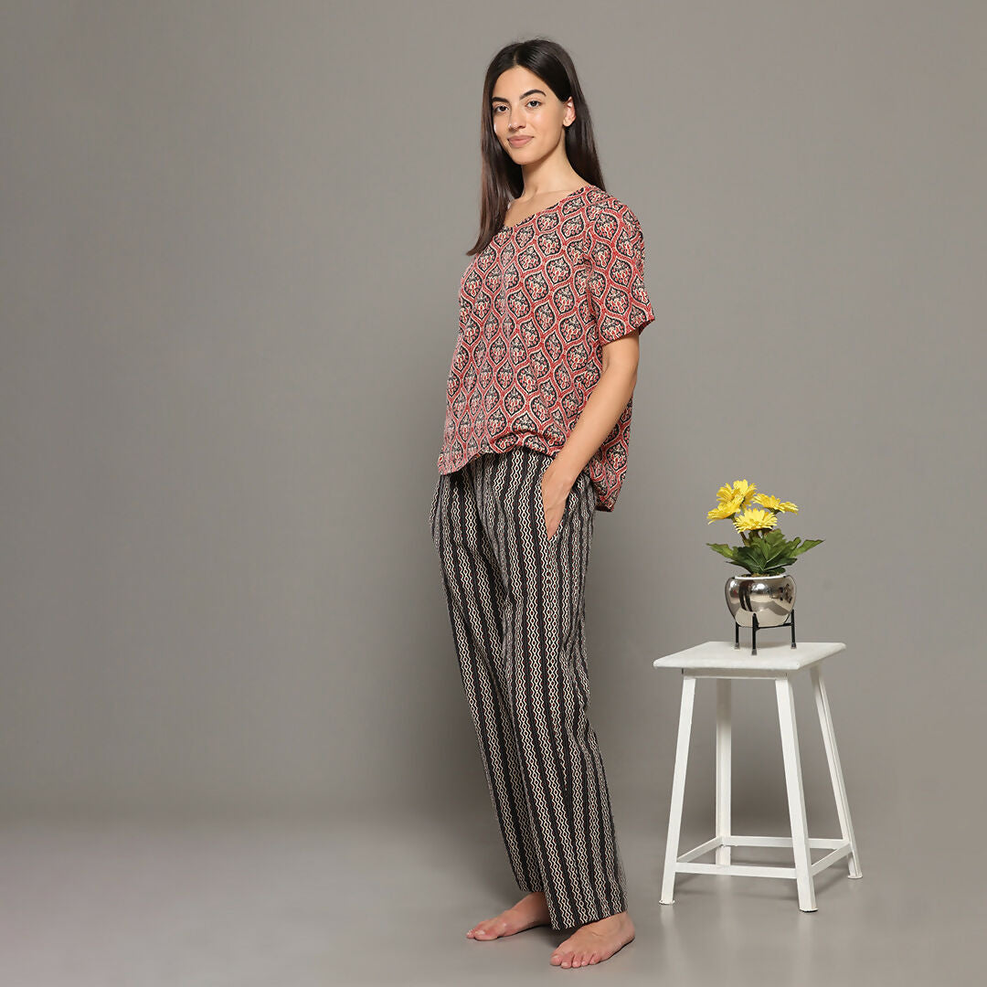 Breathables Women Cotton Printed Loungewear Kurta And Pants Co-Ord Set Red & Navy I Nightwear | Grocsy