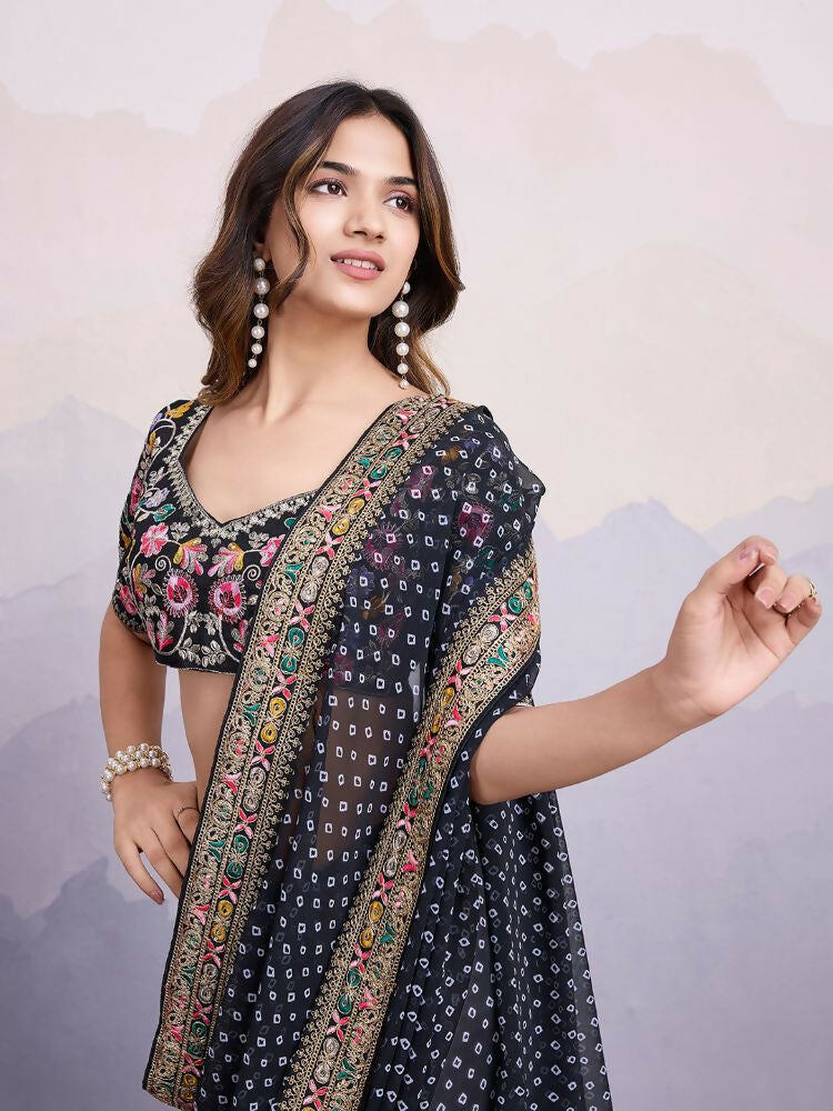 Black Georgette Bandhani Printed,Embroidery Work Saree - Surkhi | Grocsy