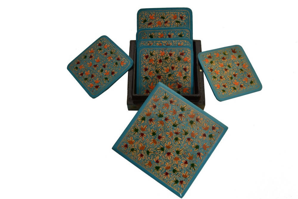 Nizalia Chinar Leaf Embossed Blue Paper Mache Square Coasters - Limited Time Offer | Grocsy