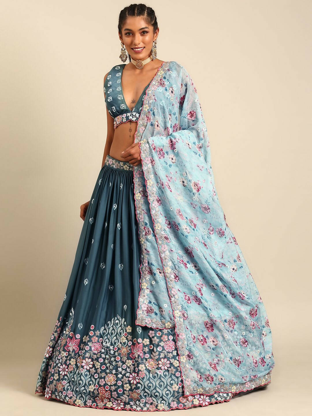 House of Panchhi Teal Blue Chinon Sequins embroidery Lehenga choli & Dupatta | Grocsy