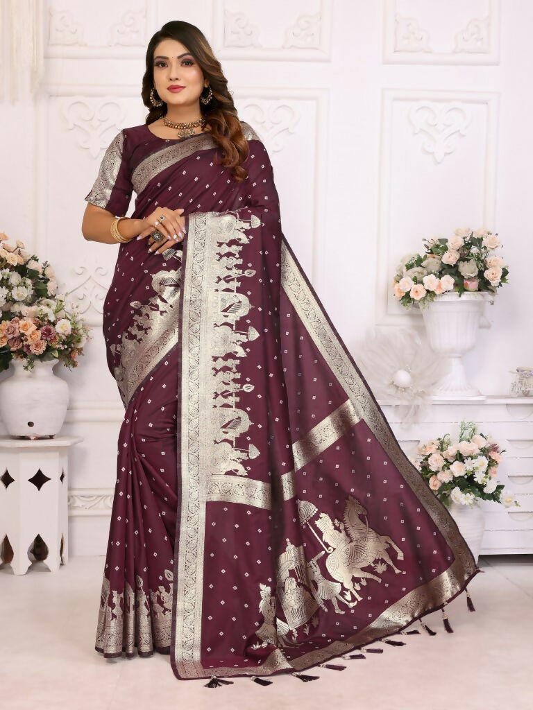 Anaita Dark Brown kochi Silk With Bandhej Weaving Saree With Blouse | Grocsy