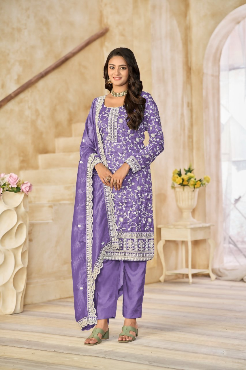 Anaita Purple Organza Crush Stitched Suit with Embroidery Work | Grocsy