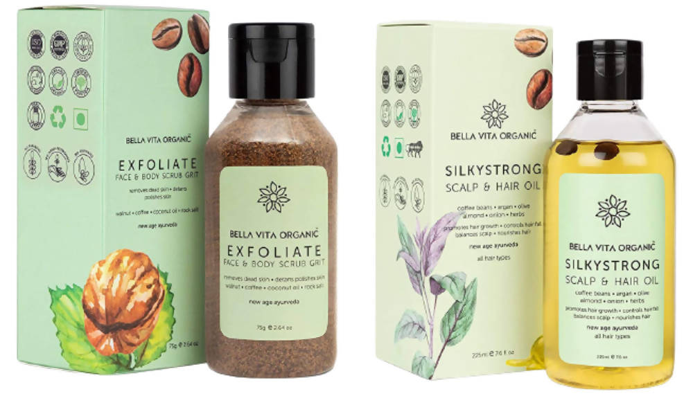 Bella Vita Organic Face & Body Scrub + Hair Oil Combo | Grocsy
