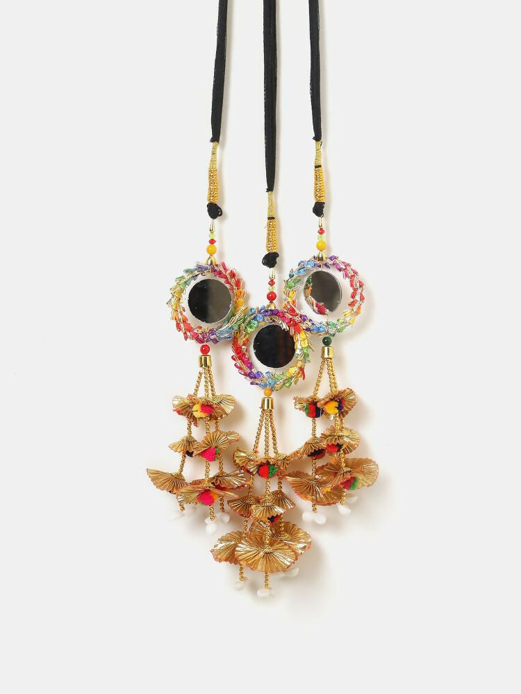 Ruby Raang Gold Gota Pati Work And Colorful Pastel Hues Threads With Shell And Black Thread And Mirror Work | Grocsy