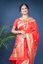 Jyoti Fashion Women's Red Paithani Silk Zari Woven Saree with Blouse | Grocsy