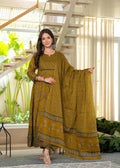 Jaimini Women Cotton Printed Round Neck 3/4 Sleeves Calf Length Flared Kurta Pant And Dupatta Set | Grocsy