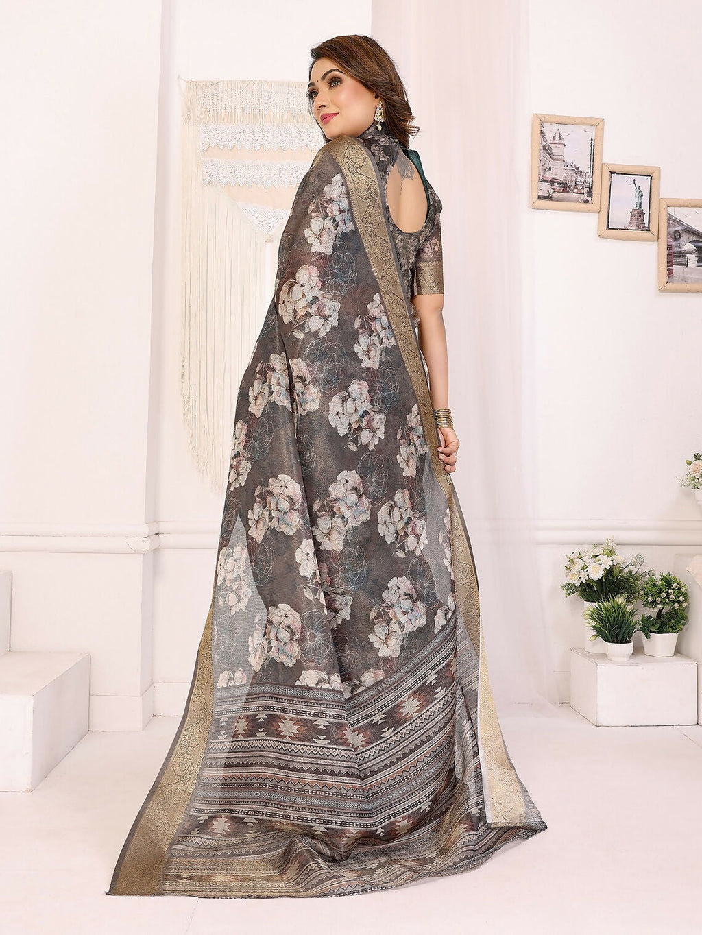 Joban Fashion Dark Grey Floral Print pattern Banarasi Silk Sarees | Grocsy
