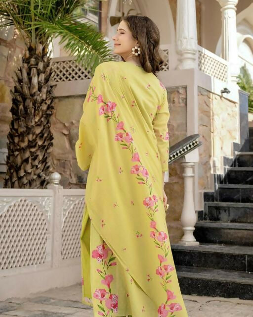 The52 Lemons Women's Beautiful Chanderi Fabric Printed Work Straight Kurta Pant and Dupatta Set | Grocsy