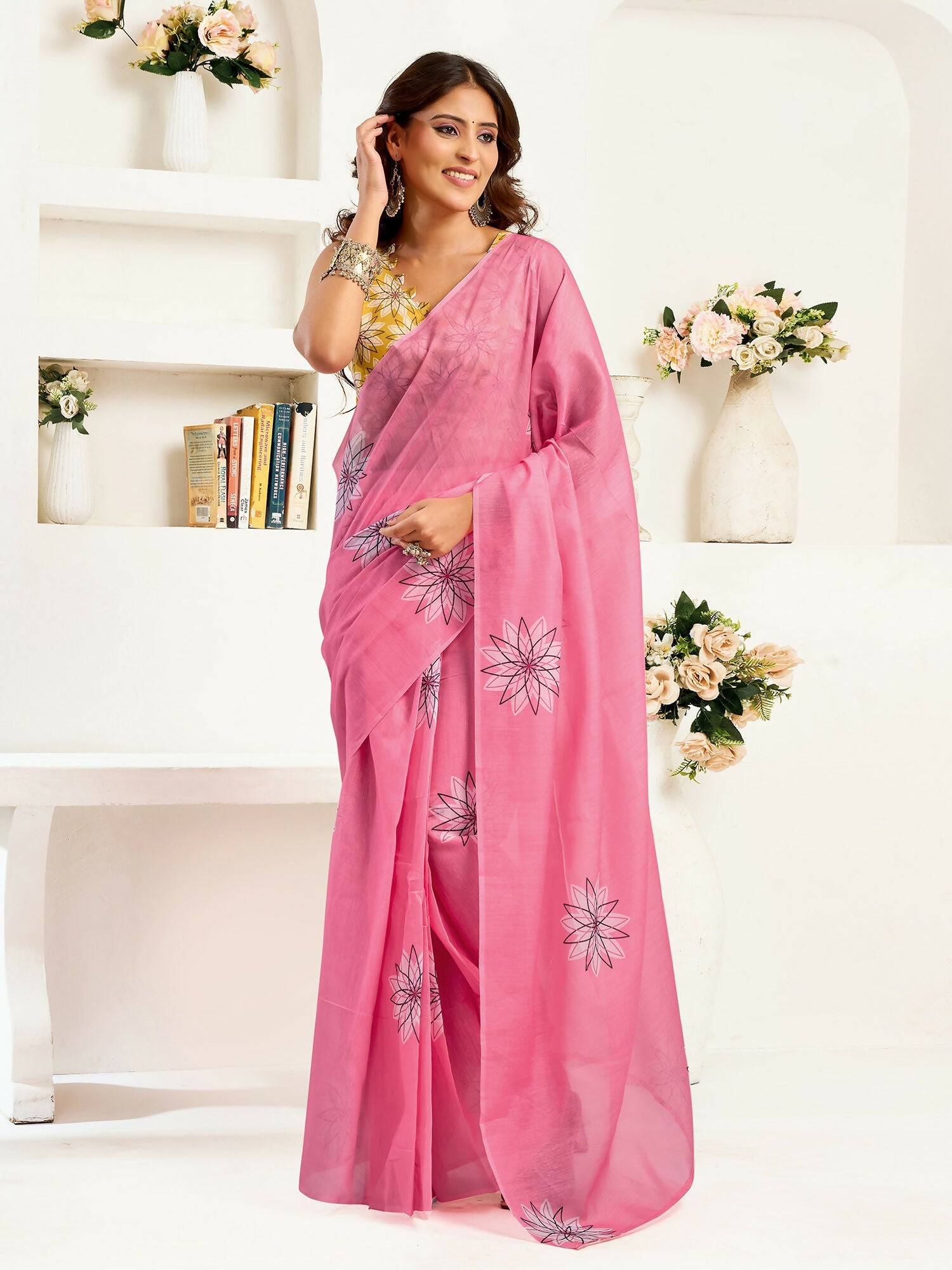 Joban Fashion Baby Pink Geomatric Linen Ready To Wear Saree With Unstitched Blouse | Grocsy
